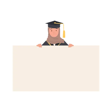 Education Graduation Concept Happy Young Muslim Woman Graduate With Board Sign Illustration