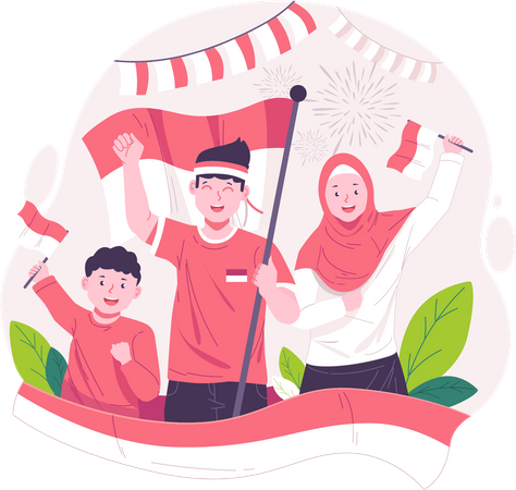 Happy Young People celebrate Indonesia's Independence Day by raising the red and white Indonesian flag  Illustration