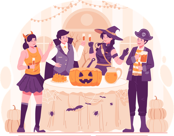 Happy Young People Dressed in Various Halloween Costumes Holding Cocktail Glasses With Drinks Raising a Toast  Illustration