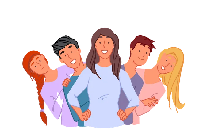 Togetherness Friendship Unity Concept Happy Young People Standing Together Cheerful Friends Posing For Group Photo College Students Group Successful Coworkers Team Simple Flat Vector Illustration
