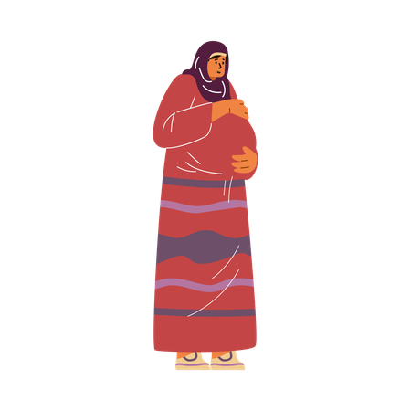 Happy young pregnant girl in hijab stroking her belly  Illustration