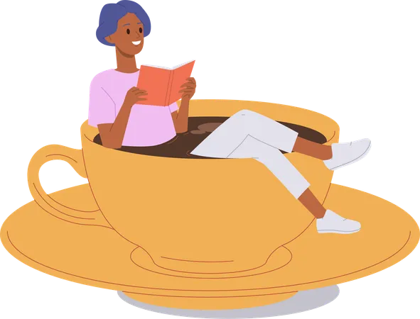 Happy young relaxed woman reading book sitting in giant coffee cup  Illustration