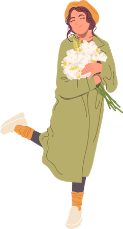Happy young romantic woman holding flower blossoms in hands  Illustration