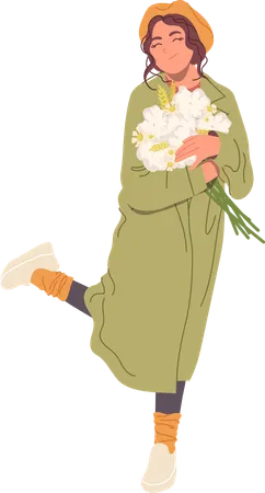 Happy young romantic woman holding flower blossoms in hands  イラスト
