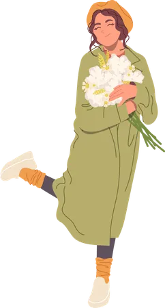 Happy young romantic woman holding flower blossoms in hands  Illustration