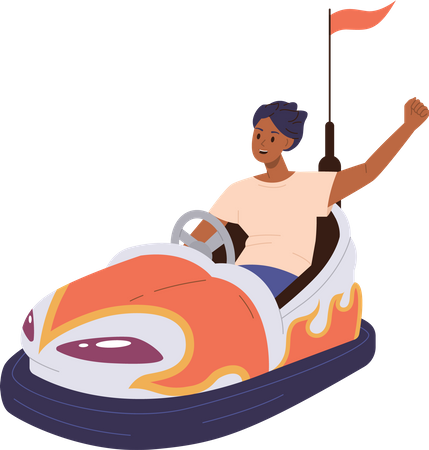 Happy young teenager boy riding bumper car in amusement park  Illustration