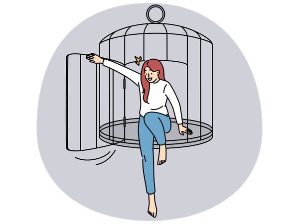 Happy young woman escape cage achieve freedom  Illustration
