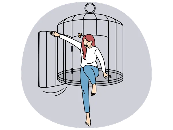 Happy young woman escape cage achieve freedom  Illustration