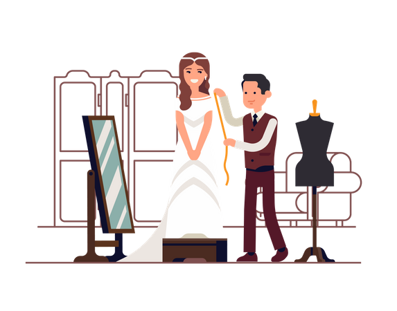 Happy young woman fitting and altering her white wedding dress with tailor  Illustration