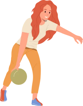 Happy Excited Young Woman Cartoon Character Having Fun Playing Bowling Throwing Ball Vector Illustration Isolated On White Background Hobby Leisure And Active Sport Entertainment At Game Club Illustration