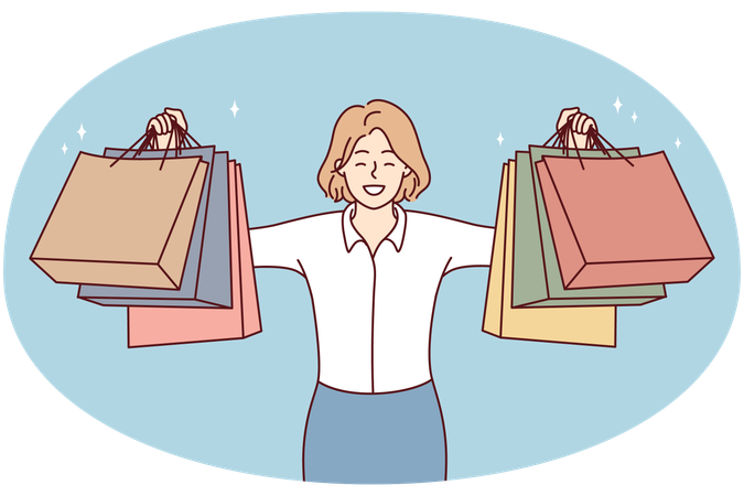 Happy young woman holding paper bags excited with shopping  Illustration