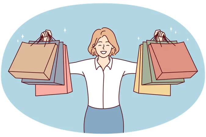 Happy young woman holding paper bags excited with shopping  Illustration