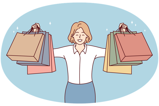 Happy young woman holding paper bags excited with shopping  Illustration