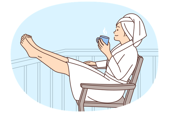 Happy young woman in bathrobe relax on balcony with cup of coffee  Illustration