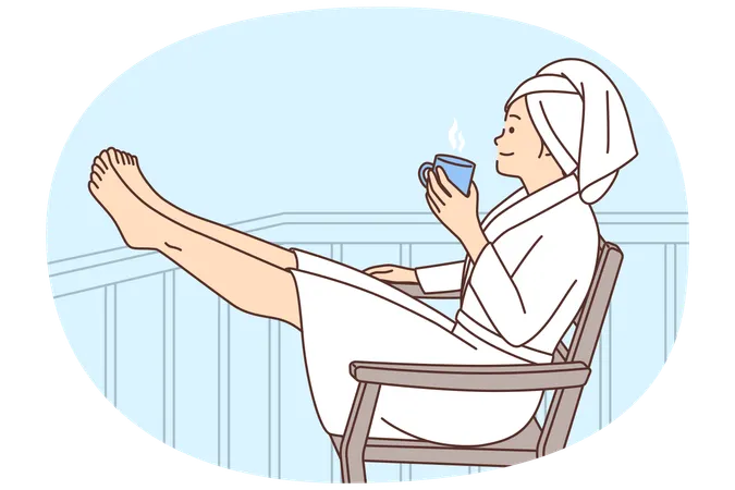 Happy young woman in bathrobe relax on balcony with cup of coffee  Illustration