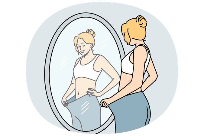 Happy young woman look in mirror see loose big trousers lose weight with sport and diet  Illustration