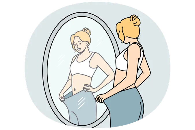 Happy young woman look in mirror see loose big trousers lose weight with sport and diet  Illustration