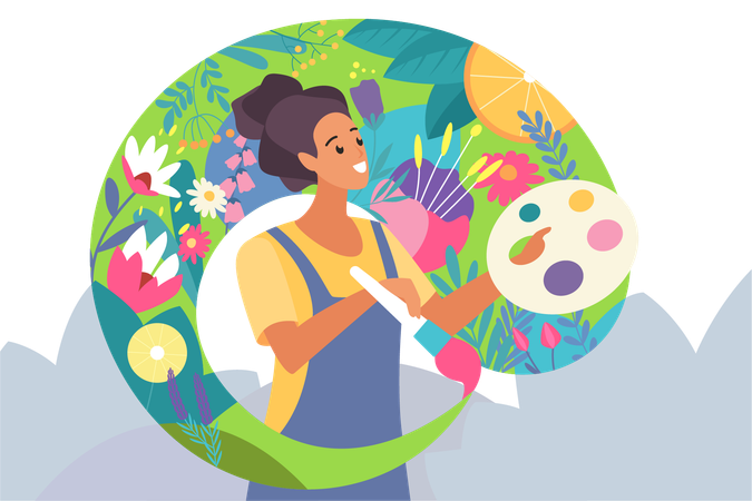 Happy young woman painting flowers  Illustration