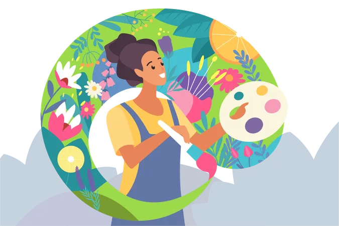 Mental Health Optimism And Taking Care Of Yourself Vector Illustration Cartoon Happy Young Woman Painting Bright Flowers With Paints Symbol Of Good Positive Thoughts Personal Creative Development Illustration