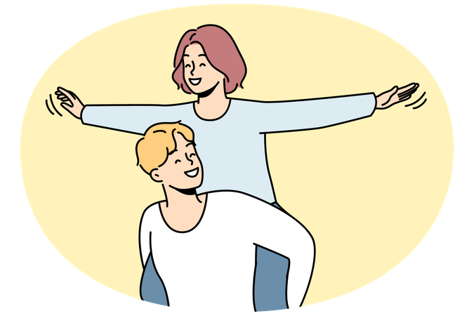 행복한 젊은 여성이 업고 웃는 남자를 만나 함께 즐거운 시간을 보냅니다  일러스트레이션