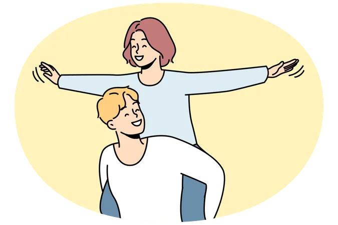 행복한 젊은 여성이 업고 웃는 남자를 만나 함께 즐거운 시간을 보냅니다  일러스트레이션