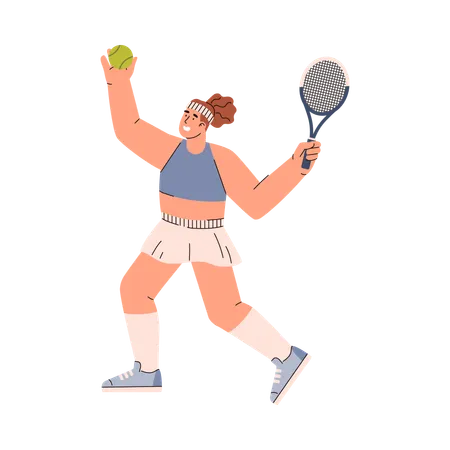 Happy Young Woman Pitching Tennis Ball With Racket Flat Style Vector Illustration Isolated Decorative Design Element Sport And Hobby Active Female Character Emotional Girl イラスト