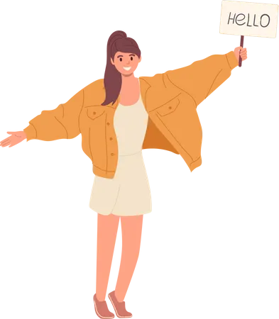 Happy Smiling Young Teenager Woman Character Rejoicing To See Friend From Long International Trip Spreading Her Arms In Embrace Holding Hello Broadsheet In Hand Vector Illustration Meeting In Airport Illustration