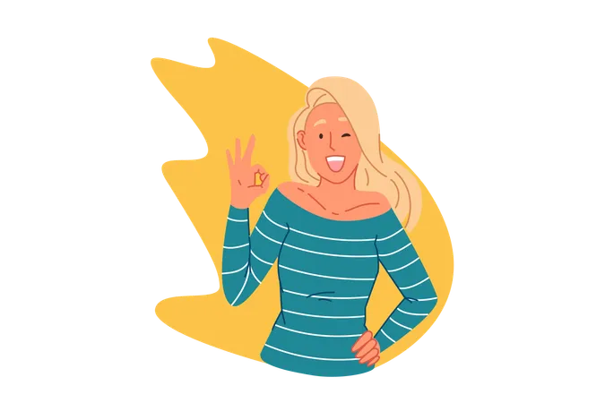 Agreement Nonverbal Communication Concept Happy Young Woman Showing Ok Gesture Trendy Approval Sign Cheerful Caucasian Girl Saying Okay Positive Emotion Expression Simple Flat Vector Illustration