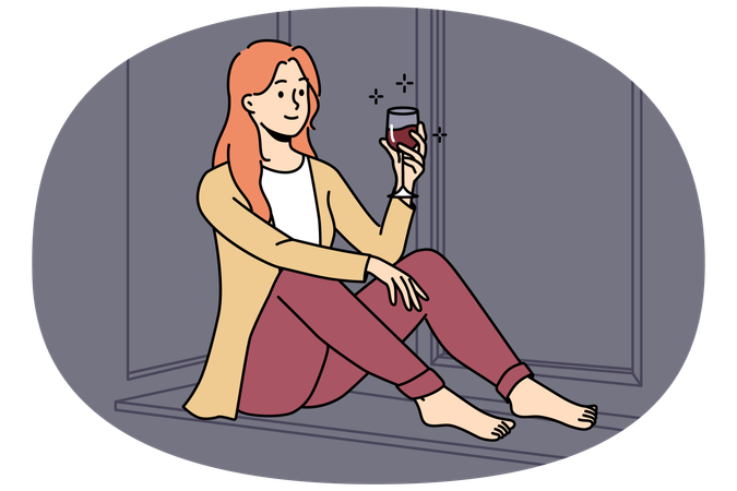 Happy young woman sit on windowsill at home relax with glass of red wine  Illustration