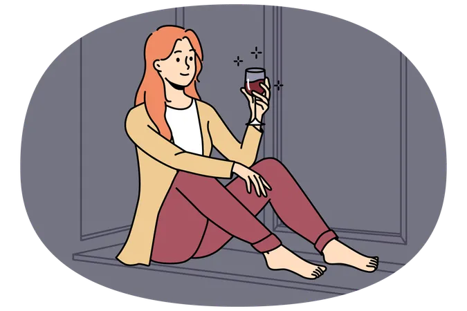 Happy young woman sit on windowsill at home relax with glass of red wine  Illustration