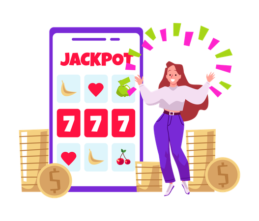 Happy young woman standing near huge mobile phone with jackpot on screen  Illustration