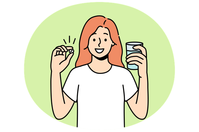 Happy young woman standing with glass of water take daily dose of vitamins  Illustration