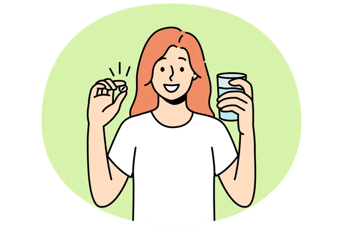 Happy young woman standing with glass of water take daily dose of vitamins  Illustration