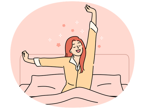 Happy young woman stretch waking up in bed at home  Illustration