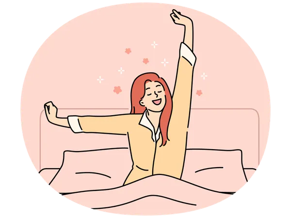 Happy young woman stretch waking up in bed at home  Illustration