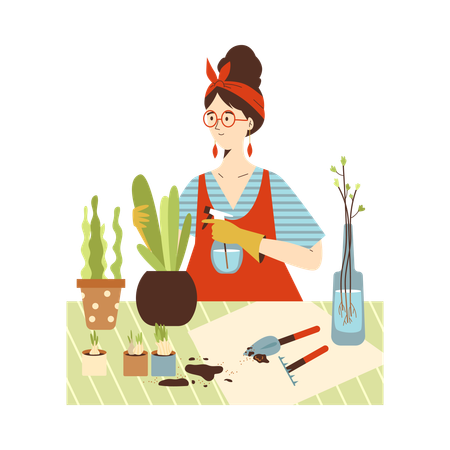 Happy young woman takes care for house green potted plants in city apartment  Illustration