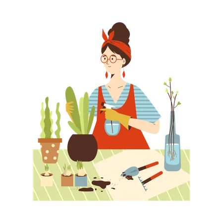 Happy young woman takes care for house green potted plants in city apartment  Illustration