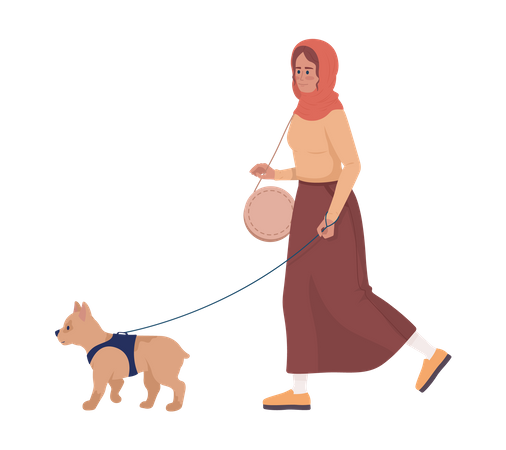 Happy young woman walking dog on leash  Illustration