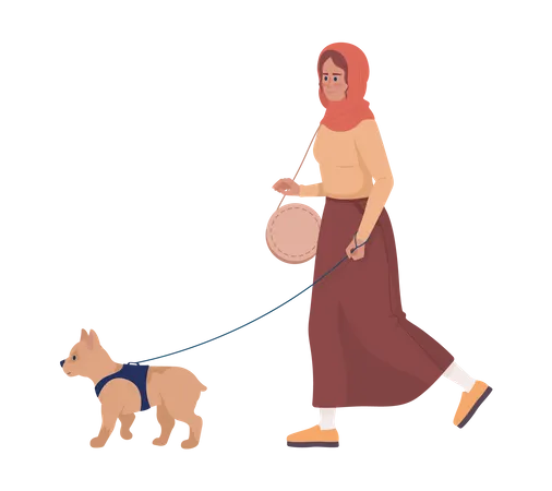 Happy young woman walking dog on leash  Illustration