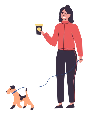 Happy young woman walking with dog and drinking coffee  Illustration
