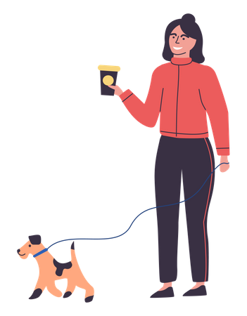 Happy young woman walking with dog and drinking coffee  Illustration