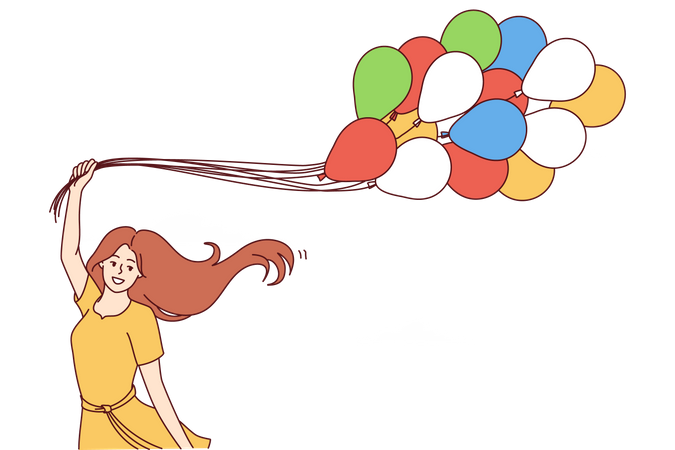 Happy young woman with balloons rejoices standing below the sky  Illustration