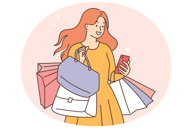 Happy young woman with shopping bags and phone  Illustration