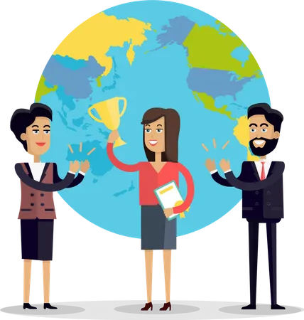 Happy Woman With Winner Cup Business Man And Woman In Business Suits Congratulating Winner On A Background With Planet People Clapping Hand Smiling Young Characters Flat Vector Illustration Illustration