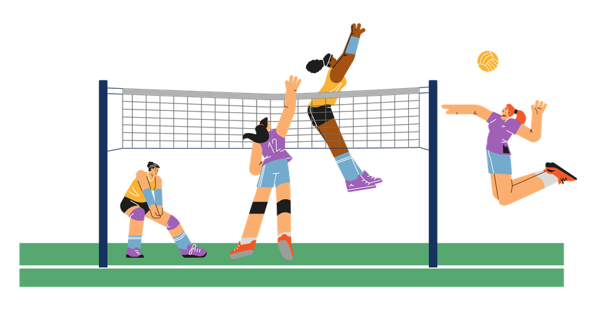 Happy young women playing volleyball  Illustration