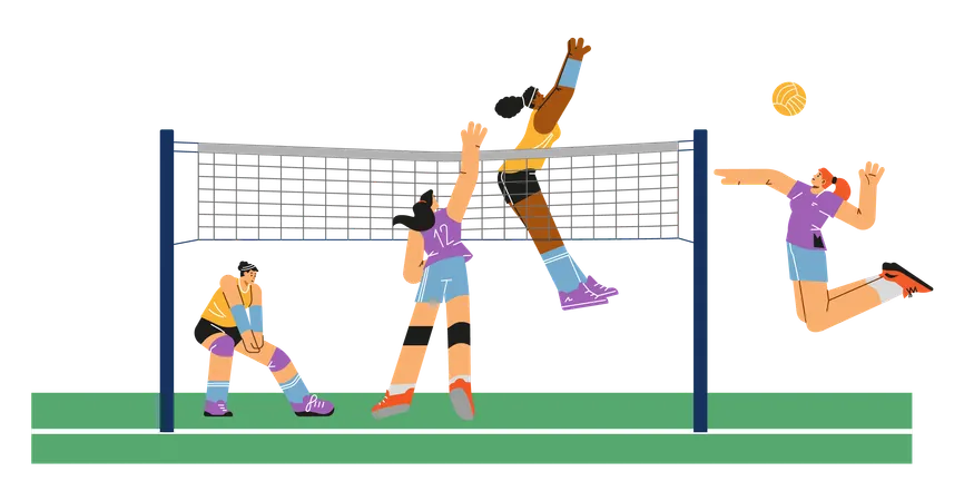 Happy young women playing volleyball  Illustration