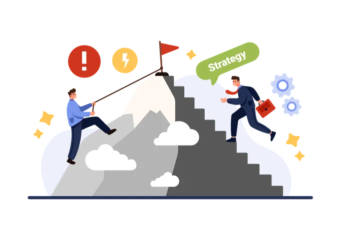 Hard And Easy Path To Career Development Difficulty And Inequality Of Conditions For Employee Growth Tiny People Climb Up Mountain On Steps And With Efforts On Rope Cartoon Vector Illustration 일러스트레이션