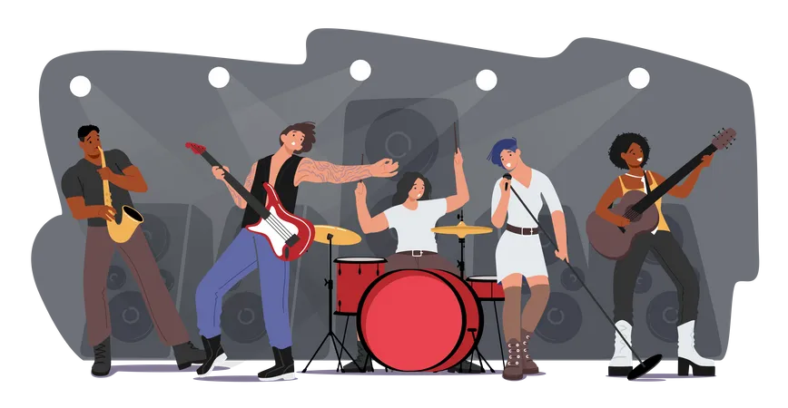 Hard Rock Band Performing Live At Concert  Illustration