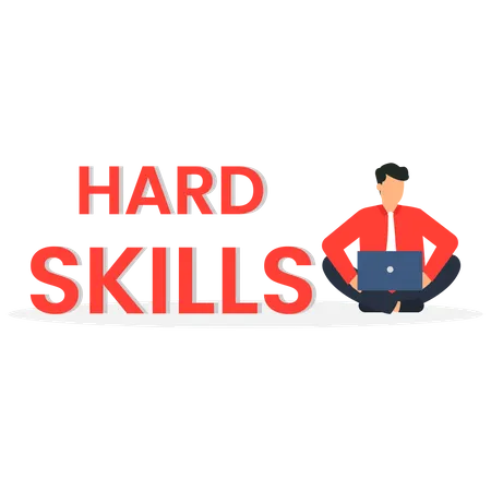 Hard skills or personal attributes to be successful, confident businessman with elements of Hard skills, networking, empathy, time management or communication skill, problem solving and creativity.  Illustration