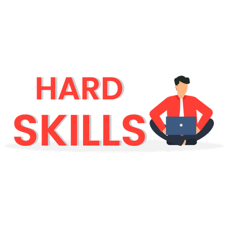 Hard skills or personal attributes to be successful, confident businessman with elements of Hard skills, networking, empathy, time management or communication skill, problem solving and creativity.  Illustration